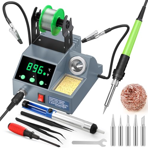 Soldering Station, 100W Digital Display Soldering Iron Station Kit with 2 Helping Hands, 356°F - 896°F, Auto Sleep, °C/°F Conversion, Solder Wire, Tips, Stand, Pump, Tweezers, Tip Cleaner, Gray