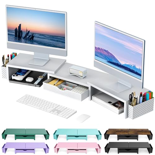 gianotter Dual Monitor Stand Riser, Desk Organizer With Drawer and 2 Pen Holders, Monitor Stand for Desk, Office Decor Essentials (White)