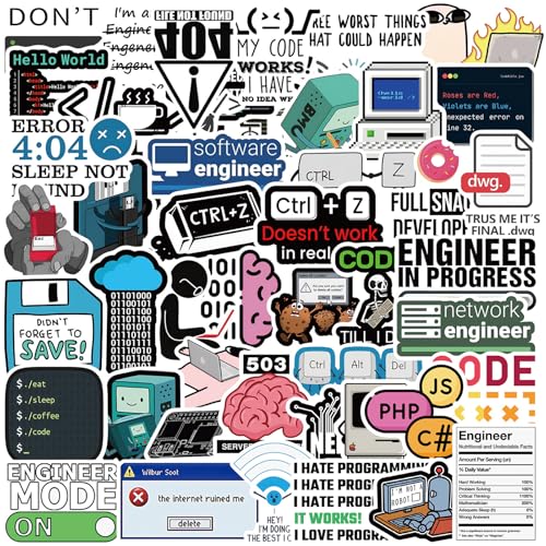 50 Pcs Programming Stickers Gifts for Kids Teens Developers Programmers Hackers Engineers, Cartoon Program Code Meme Mode Vinyl Decals for Decor Laptops Water Bottles Guitar Scrapbook