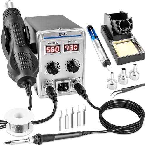 8586D 2 In 1 Soldering Station, SMD Hot Air Rework Station LED Dual Digital Display with Heat Gun and Solder Iron Kit, Electric Soldering Iron Station with Temperature Control, Auto Sleep Functions