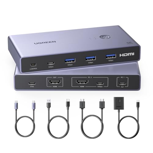 UGREEN USB-C+HDMI KVM Switch 1 Monitor 2 Computers with 4 USB 3.0 Ports 4K@60Hz Aluminum for 1 Laptop & 1 Desktop Share One Monitor Keyboard Mouse Printer with 1 HDMI Cable+2 Type-C Cables