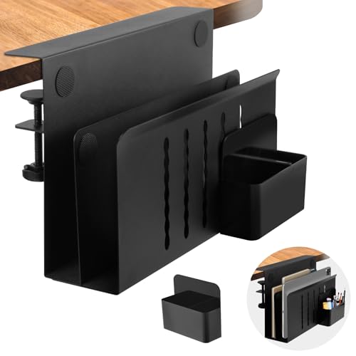CIBOTIES Desk Side Storage, 2 Tier Steel Hanging Organizer, No Drill Side Desk Organizer, Laptop Holder, with Pen Holder, For Office Supplies & Studio Essentials Black