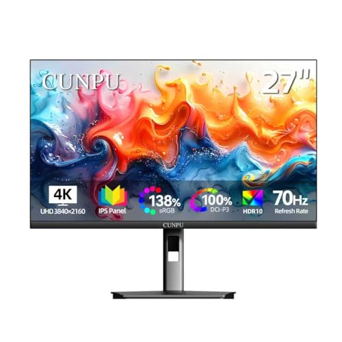 CUNPU 27 Inch 4K 70Hz Monitor, UHD (3840 * 2160) IPS Ultra-Slim Bezel Monitor for Photo Video Editing, ΔE < 2, 100% DCI-P3, 1.07B+ Colors, PIP-PBP, Adaptive Sync, DP/HDMI, Black