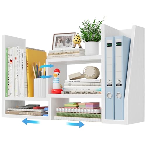 Desktop File Organizer Desk Organizer Shelf - White Office Organization Shelves for Top of Desk Organizers and Accessories Corner Bookshelf Table Top Shelving Small Hutch Decorations for Women Office