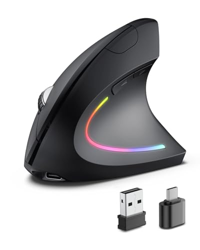 POJTK Ergonomic Wireless Rechargeable Mouse, Bluetooth+USB A+Type C(3 in 1) Connection, 5 Levels Up to 4800 DPI, 6 Silent Buttons, 2.4GHz Carpal Tunnel Vertical Mice, for Laptop, Desktop,MacBook-black