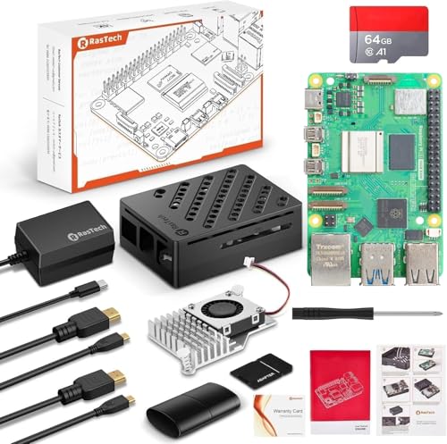 RasTech Raspberry Pi 5 16GB Kit 64GB Edition with Active Cooler,GaN 27W 5.1V5A USB-C Power Supply,Pi5 16GB Board,64GB Card Readers Kit, Case for Pi 5,Dual 4K Micro HD Out Cables and User Manual