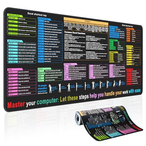 Waterproof Desk mat—Excel Cheat Sheet Desk pad—Contains 12 Types of Common Skills in Excel and Word—Large XL Gaming Mouse pad|Office Keyboard pad|Computer mat with excel Shortcuts