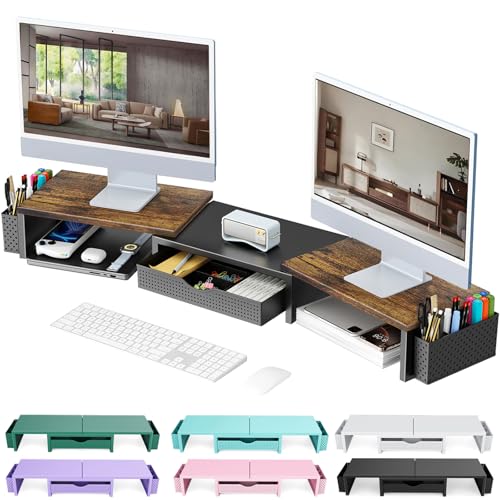 gianotter Dual Monitor Stand Riser, Desk Organizer With Drawer and 2 Pen Holders,Computer Monitor Stand, Desk Shelf for Top of Desk, Wood