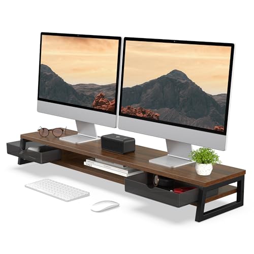 Fenge Dual Monitor Stand, Monitor Riser with Drawer, 42.5 Inch Large Computer Monitor Stand for 2 Monitors, 2 Tier Wooden Desk Shelf for Top of Desk