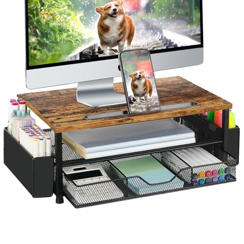 AUPSEN Wood Desk Organizers and Accessories, 2-Tier Computer Monitor Stand Riser with Drawer, Pen Storage & Phone Holder, Office Desk Accessories, Workspace Desktop Organization for Office Supplies（Brown）