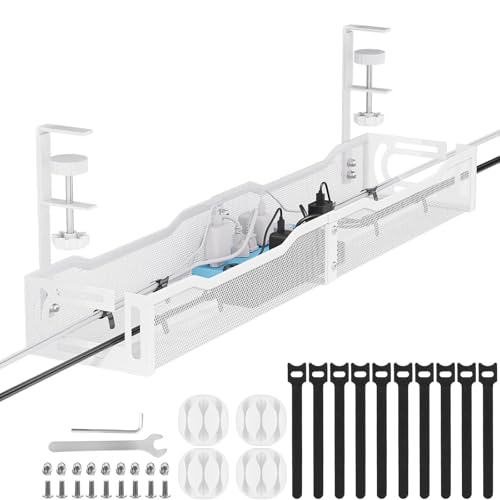 Mzmaxy Cable Management, 25'' Cable Management Under Desk No Drill, Metal Cord Organizer with Clamp for Standing Desk, Cable Organizer for Home Office, White