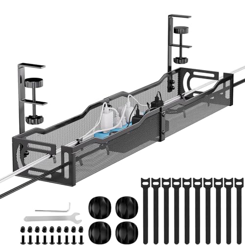 Mzmaxy Cable Management, 25'' Cable Management Under Desk No Drill, Metal Cord Organizer with Clamp for Standing Desk, Cable Organizer for Home Office, Black