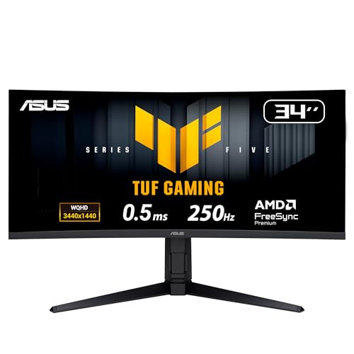 ASUS TUF Gaming 34” 1440P Ultrawide Curved Monitor (VG34WQML5A) - 250Hz, 0.5ms, FastIPS, FreeSync Premium, Extreme Low Motion Blur, DisplayHDR400, 95% DCI-P3, DisplayWidget, Gaming AI, 3 yr Warranty