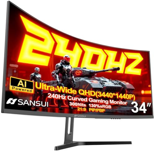 SANSUI 34 Inch 3440x1440P 240Hz Ultrawide UWQHD Gaming Monitor,21:9 2K Curved Monitor 1500R,Fast VA, PIP/PBP,AI Crosshair,AIPQ(Visual Enhance),MPRT 1ms,HDR,HDMI2.1 * 2,DP1.4 * 2(DP Cable Included)