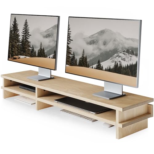 Fenge Dual Monitor Stand, 39.4in Wood Monitor Riser for 2 Monitors, 2 Tiers Desk Shelf with Cable Mangement for Top of Desk, Computer Stand for Laptop, PC, Printer