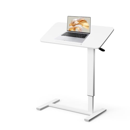 OUKMIC Mobile Standing Desk Portable Pneumatic Laptop Rolling Cart Adjustable Height, Tiltable Overbed Table Sit Stand Computer Workstations for Home Office w/Wheels Flat Desk 32", White