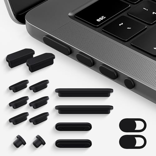 CaseBuy MacBook Pro Accessories, 14 Pack Dust Plug Covers for 2025-2021 MacBook Pro 14/16 inch M4 M3 M2 M1 Pro/Max, Plug Plug for HDMI, Thunderbolt, SDXC, Magsafe, Headphone & 2PCS Webcam Cover