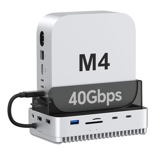 Qwiizlab 40Gbps Mac mini M4/M4 Pro Stand Hub with NVMe SSD Enclosure, Docking Station with USB-C 10Gbps, USB-A 10Gbps, TF/SD 4.0 Card Readers 312MB/s, USB-A 2.0, Fits M.2 PCIe up to 8TB