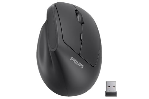 Philips Ergonomic Mouse - Vertical Mouse with 800/1200/1600 Adjustable DPI, 6 Silent Buttons Design for S/M Hands, Auto Power Saving,Light Weight, 2.4GHz Wireless Mouse for Laptop, Desktop, PC-Black