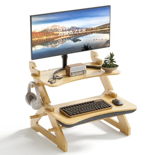 Amazer Bamboo Standing Desk Converter, Height Adjustable Sit Stand Up Desk Riser, Monitor and Laptop Workstation with Keyboard Tray for Office and Home