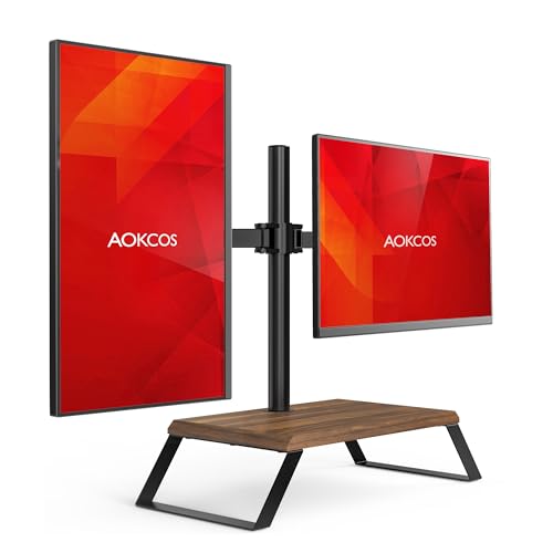 AOKCOS Dual Monitor Stand for 12-27 Inch Wooden Base and Removable Metal Feet, Full Adjustable VESA Monitor Mount Each up Load 22lbs, Portable Monitor Arm for LED/OLED Screen for Women/Men, Walnut