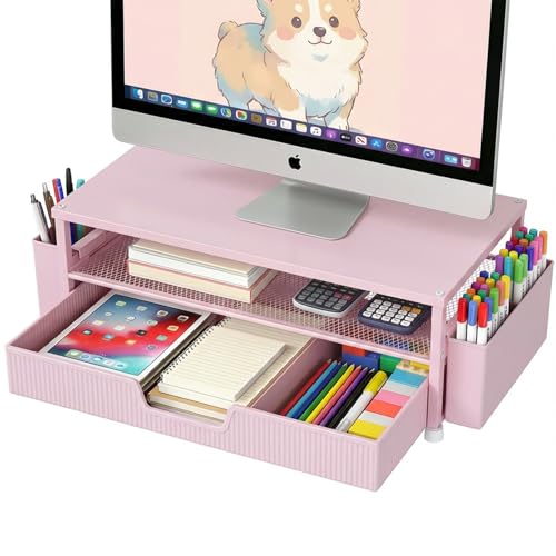 ECOLOVI Desk Organizer and Accessories, 2-Tier Computer Monitor Stand Rise with Storage Drawer & 2 Pen Holders, Laptop & Printer Stand for Desktop, Workspace Organizers for Office Supplies (Pink)