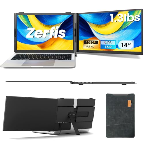 Zerfis Laptop Screen Extender, Ultra-Thin 14" FHD 1080P Portable Monitor for Laptop, 1.3lbs Lightweight Dual Monitor Extender Plug & Play for 13"-17" Laptops, Compatible with Wins/Mac/Android/Chrome