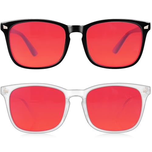 Vbewo 2 Packs Professional Sleep Glasses with 99.9% Blue Light Blocking Dual AR Coatings Red Lens, Computer Gaming Glasses for Men Women, Anti Fatigue & Eye Strain
