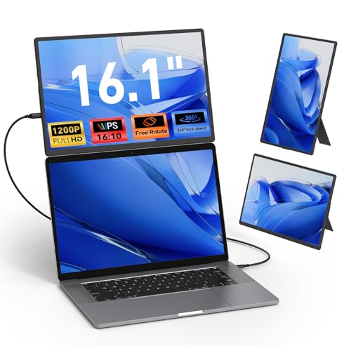 Laptop Screen Extender Monitor Portable - 16.1'' FHD 1200P Portable Screen for Laptops, 360° Rotating, Plug & Play, Detachable Stand, Height Adjustable Laptop Monitor Extender for Mac/Win/Phone/Tablet