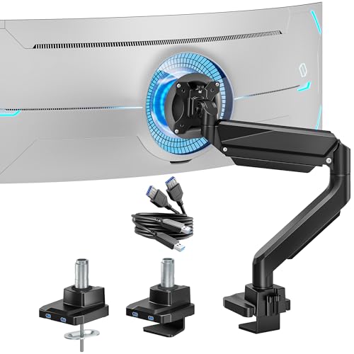 ARES WING Single Monitor Arm, Heavy Duty Adjustable Monitor Arm for 17"-45" Screens with USB, Gas Spring Desk Mount Stand with C Clamp/Grommet Mounting Base up to 40lbs Computer, Black