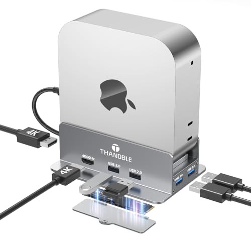 THANDBLE Mac mini M4 Dock & Stand with 4K60Hz HDMI and DisplayPort, M.2 NVMe SSD Enclosure, 4 USB-A Ports, SD/TF Card Reader 9 in 1 Hub for Mac mini M4/M4 Pro - Silver