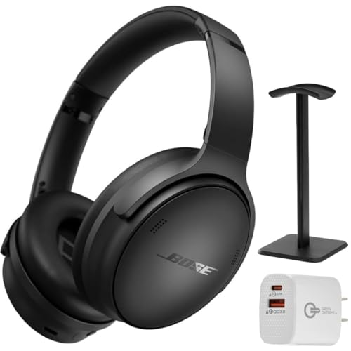 Bose QuietComfort Headphones - Wireless Bluetooth Headphones, Active Over Ear Noise Cancelling and Mic, Deep Bass Bundle + Desktop Headphone Stand + Green Extreme Dual Wall Charger (Black)