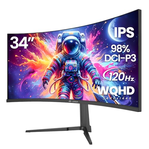 CRUA 34" Curved Gaming Monitor, IPS WQHD(3440x1440P) 120Hz 1900R 21:9 UltraWide PC Display, 130% sRGB, AMD FreeSync, Blue Light Filter, HDMI/DP Ports, Wall Mountable Installs– Black