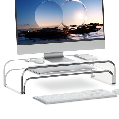 ERGO COLLECT Acrylic Dual Monitor Stand Riser 2 Tier, Modular Laptop Stand for Desk, Multifunctional Desktop Organizer Shelf for PC, iMac, Printer, Detachable Monitor Stand for Office or Home, Clear