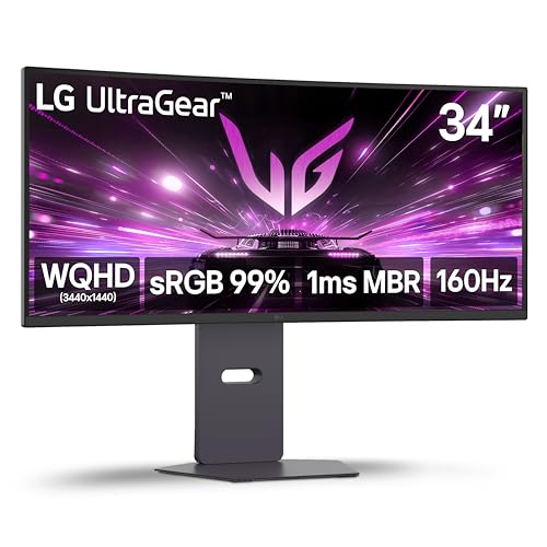 LG 34G600A-B 34-inch Ultragear WQHD (3440 x 1440) Curved Gaming Monitor 160Hz, AMD FreeSync Premium, HDR10, Built-in Speaker, Reader Mode, HDMI 2.1, DisplayPort, Tilt/Height/Swivel Stand, Black