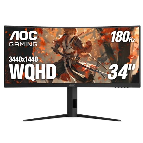 AOC CU34G4V 34" Frameless Curved Ultrawide Gaming Monitor, UWQHD 3440 x 1440 1500R, 21:9 Aspect Ratio, 180Hz 0.5ms MPRT, Display Port x 1, HDMI x 1, AMD FreeSync Premium, Height Adjustable, Black