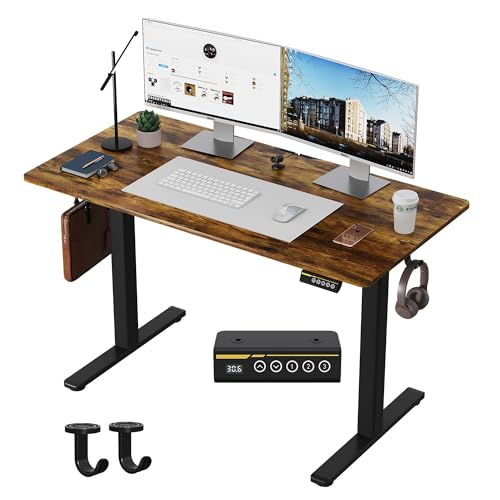 Gamork Electric Standing Desk,48x24 Inches Adjustable Height Stand up Desk, Sit Stand Home Office Desk with Splice Board, 3 Preset Heights,Equipped with Hooks,Ergonomic Computer Workstation，Brown