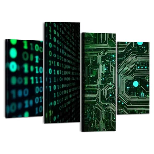 Weone Artwork 4 Panel Canvas Wall Art binary code motherboard information technology Stretched & Framed Art Prints Modern Painting Wall Decoration Ready to Hang Unique Designed