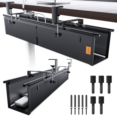 Under Desk Cable Management Tray No Drill, Cable Ties Included, Eco-Friendly Canvas Material, Mesh Design for Heat Dissipation, Cable Organizer/Storage for Standing Desk(27inch, Black)