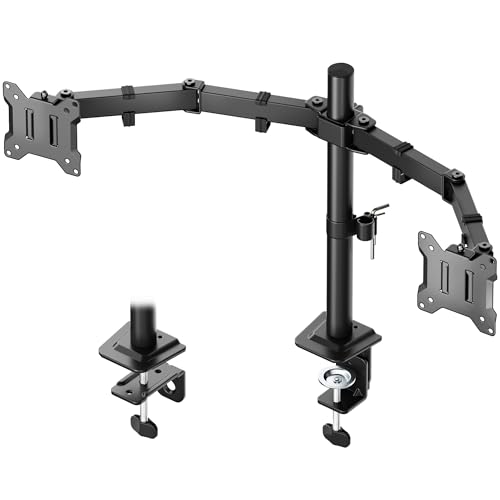 monTEK Stable Dual Monitor Stand for 17"–32” Computer Screens, Heavy-Duty Desk Mount with 22 lbs per Arm, Fully Adjustable Brackets and Arms, Clamp/Grommet Base, VESA 100×100mm Max