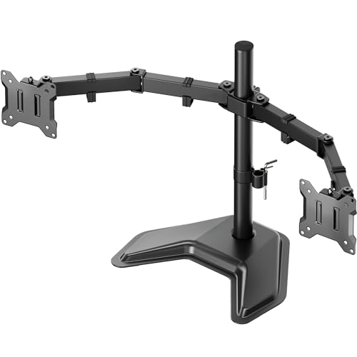 monTEK Stable Freestanding Dual Monitor Stand for 17–32” Computer Screens, Heavy-Duty Desk Mount with 22 lbs per Arm, Fully Adjustable Brackets and Arms, Solid V-Shaped Base, VESA 100×100mm Max
