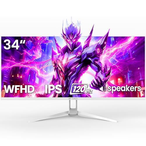 CRUA 34'' Ultrawide Gaming Monitor 120HZ, 21:9 WFHD 2560X1080 IPS Panel Computer Monitors with Built-in Speakers, Support AMD FreeSync, 120% sRGB, DP1.4 & HDMI1.4, Wall Mountable Installs-White