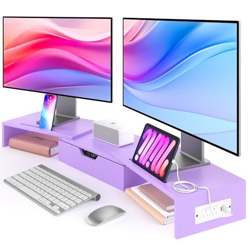 Elephance Dual Monitor Stand with USB Ports,Wood Computer Monitor Stand with Drawer,Adjustable Monitor Stand Riser,Desk Organizer for PC,Computer,Laptop,Purple Pink