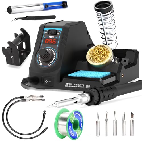 EZTOOLS 926LED V3 Entry-Level 60W Soldering Station Iron Kit in Black with Temperature Control includes Helping Hands, Lead-Free Solder, 6 Soldering Tips, ESD-Safe Tweezers, Sleep Mode
