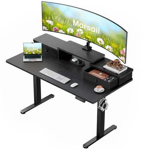 Marsail 55″ x 28″ Electric Standing Desk with Drawers, Height Adjustable Sit Stand Up Desk with Storage Shelf, Ergonomic Home Office & Computer Table with 4 Memory Heights