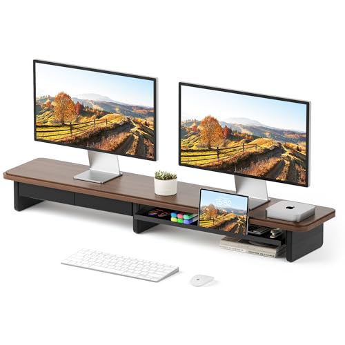 AFOOYO Large Dual Monitor Stand For Desk,43 Inch Desktop Computer Riser with Metal Drawer Desk Shelf Organizer For Computer/Laptop/PC/Printer/TV