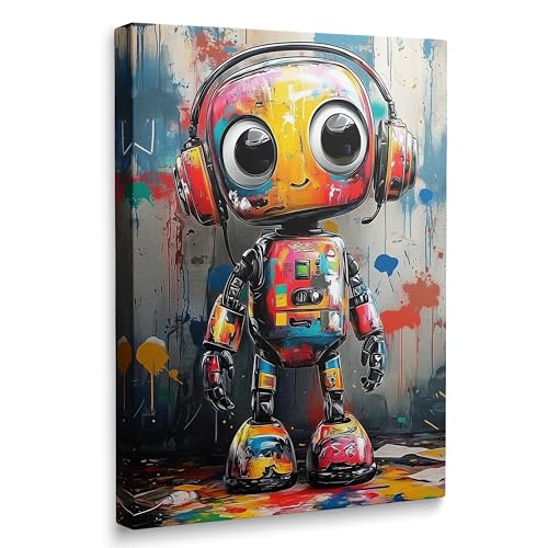 Cute Modern Colorful Banksy Picture Wall Decor Framed Cool Colorful Graffiti Robot Canvas Wall Art Pop Prints Poster Funny Urban Contemporary Painting Poster for Living Room Bathroom Bedroom (12"x16")