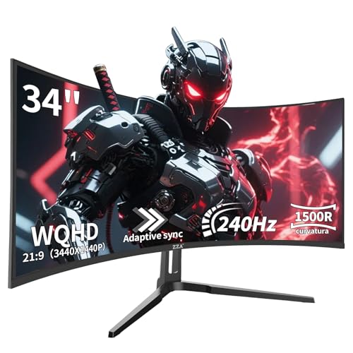 ZZA 34 Inch Curved Gaming Monitor, 3440x1440 UltraWide WQHD 240Hz, 1ms, Adaptive-Sync, HDR Display, 1500R, Bezel-Free Design, Eye Care, VESA Mount, for Gaming, Work, Streaming, Coding, Home Office