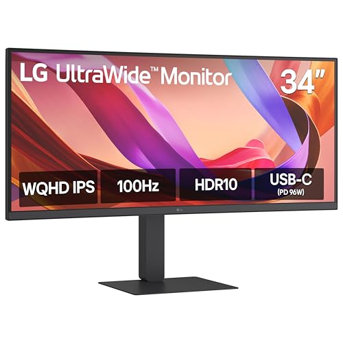 LG 34U650A-B 34-inch UltraWide WQHD (3440 x 1440) IPS Curved Wide Computer Monitor, 100Hz, HDR10, Built-in Speaker, HDMI, DisplayPort, USB Type-C PD 96W, Tilt/Height/Swivel Adjustable Stand, Black