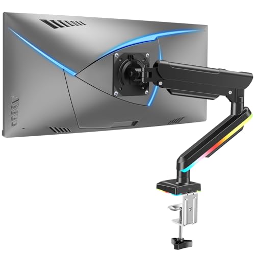 MOUNTUP RGB Single Monitor Arm Fits 32 27 24 22 inch, Holds 4.4-22lbs Screens, Monitor Stand for Desk with RGB Lights, 19 Modes, Computer Monitors Desk Mount, VESA Mount with Clamp & Grommet Bases